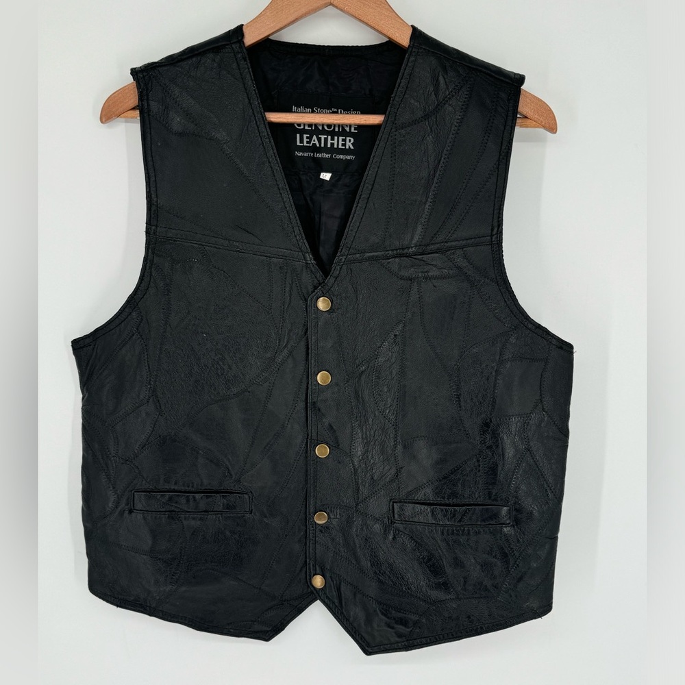 Navarre Leather Co. Italian Stone Design Genuine Leather Snap Front Vest Black M